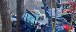Zniszczony samochód osobowy z wygiętym dachem stoi w lesie w tle widoczne pojazdy ratownicze.