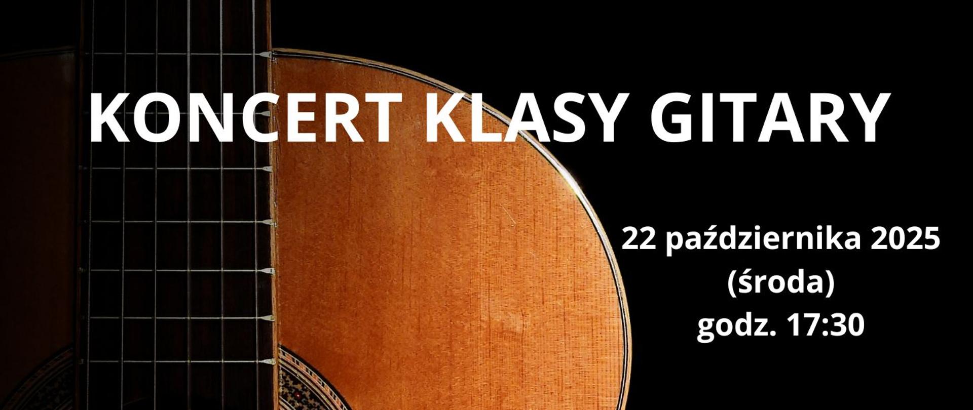 gitara na czarnym tle, napisy w kolorze białym