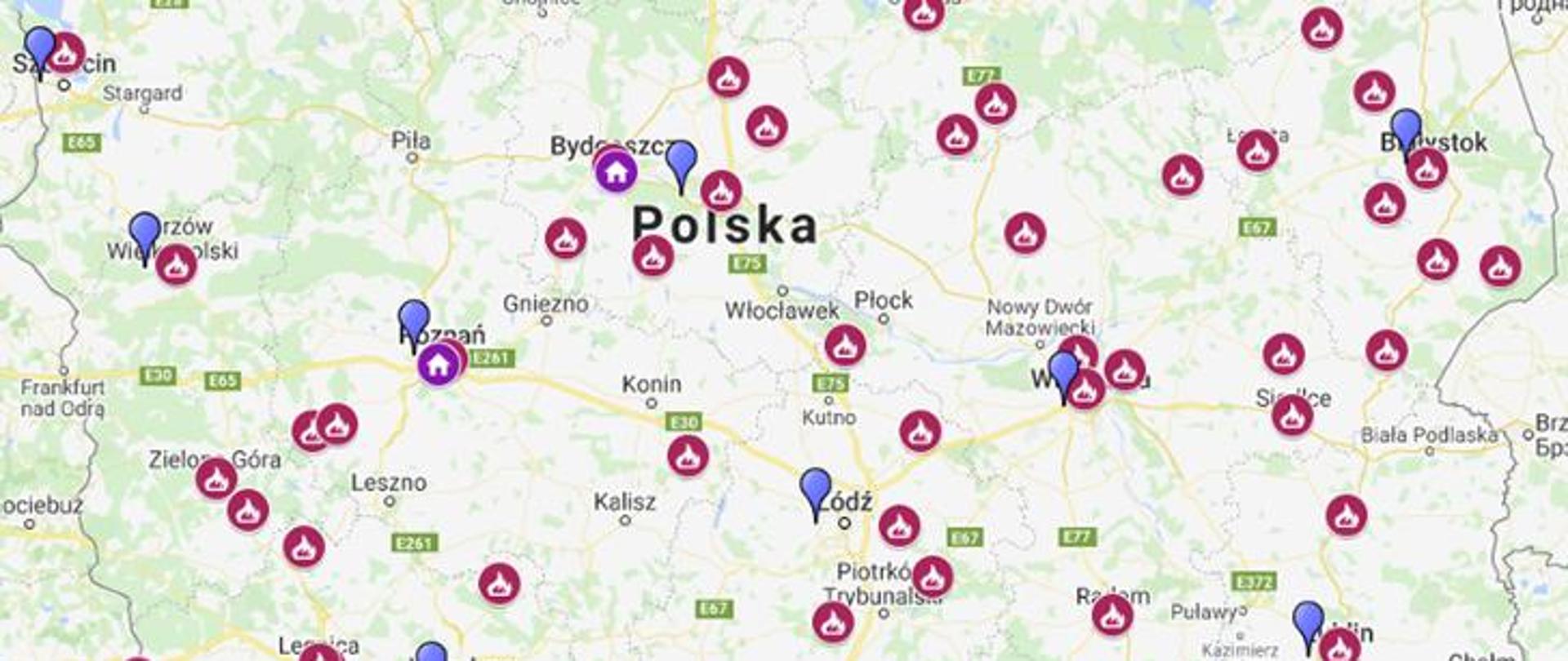 Zdjęcie przedstawia wycinek mapy Polski z zaznaczonymi lokalizacjami sal edukacyjnych OGNIK