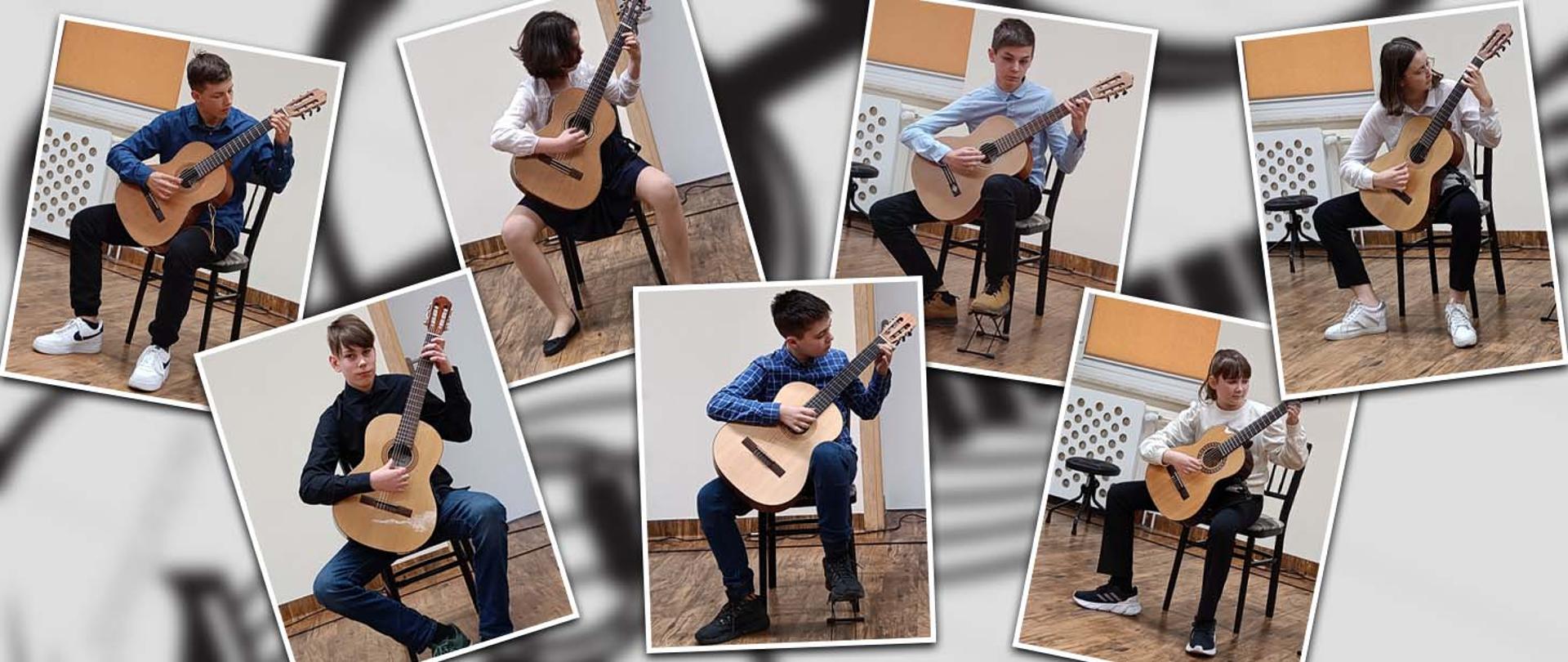 Collage siedmiu zdjęć, na każdym inny uczeń siedzi na krześle i gra na gitarze klasycznej.