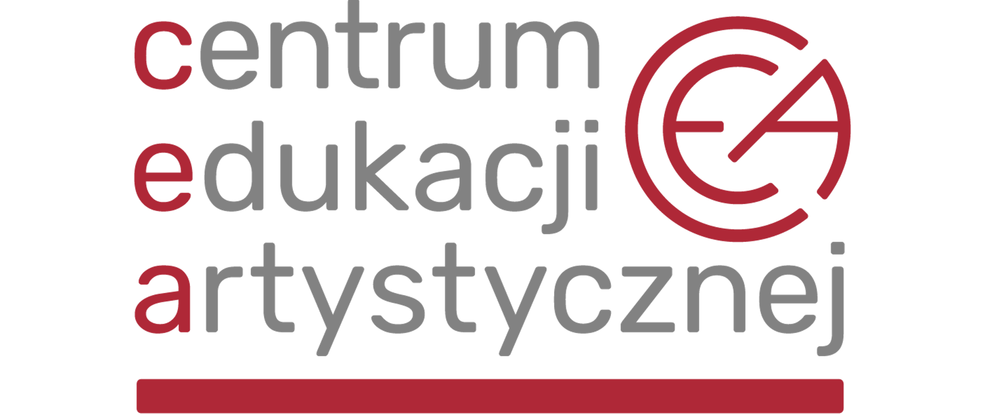 Na białym tle logo CEA i napis Centrum Edukacji Artystycznej. Napis w kolorze szarym, a pierwsze litery każdego wyrazu z nazwy w kolorze bordowym.
