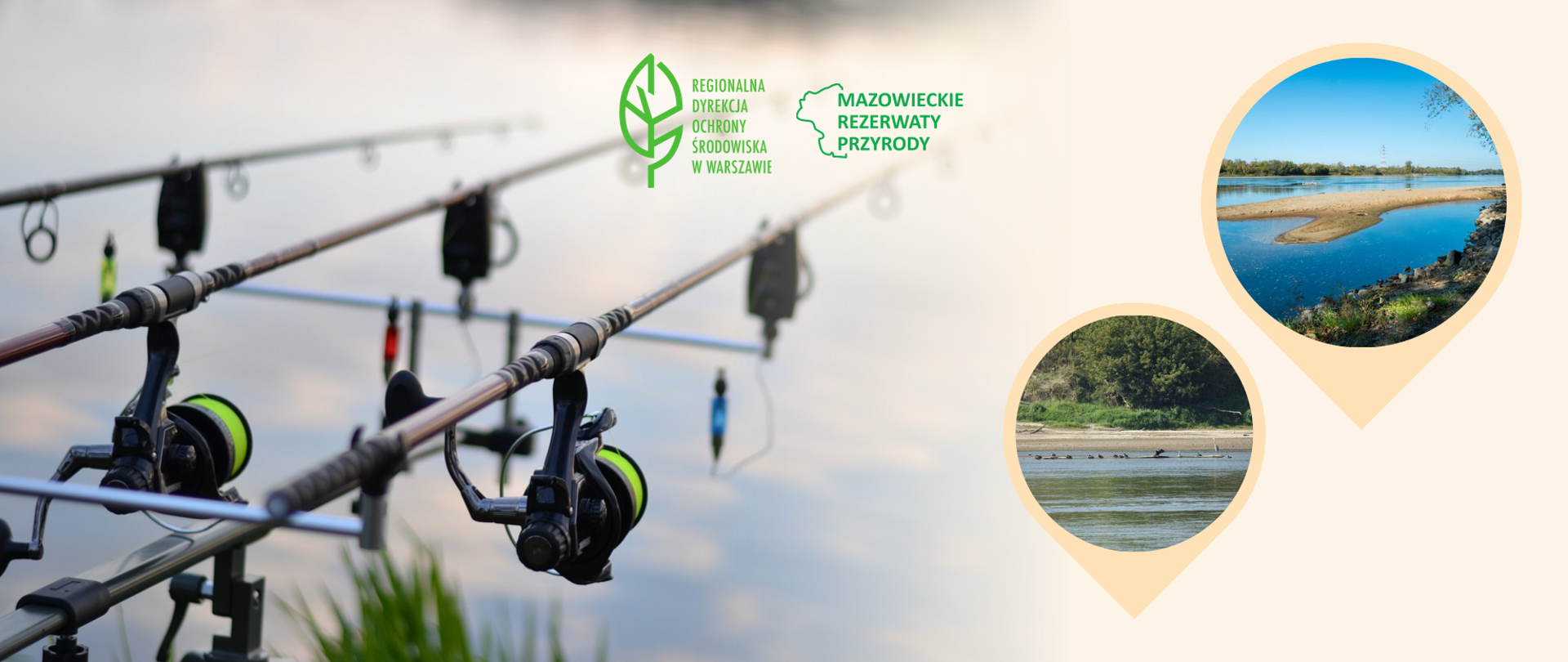 Po lewej stronie zdjęcia wędki, po prawej dwie miniatury z widokiem na rzekę, dwa logotypy