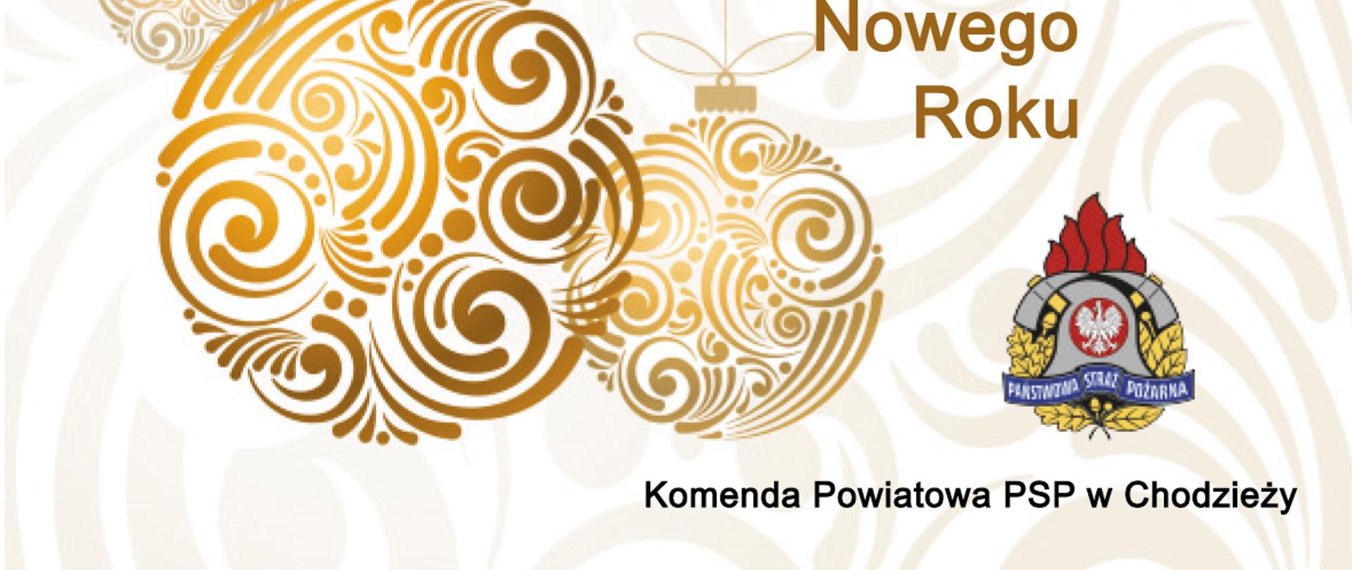 Grafika przedstawiająca logotyp Państwowej Straży Pożarnej i życzenia świąteczne na białym tle. Na dole napis KP PSP w Chodzieży w kolorze.