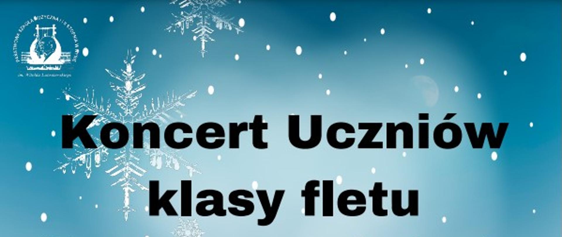 Plakat ośnieżone szczyty alpejskie wyżej Jasne niebo punktowe gwiazdki oraz gwiazdki lodowe w lewym górnym rogu białe logo szkoły według ustalonego znaku napis w kolorze czarnym koncert uczniów klasy fletu w kolorze granatowym 15 Grudnia 2023 godzina 15:00 najniżej napis czarny państwowa szkoła muzyczna pierwszego i drugiego stopnia im Witolda Lutosławskiego w Nysie sala koncertowa w prawym dolnym rogu damskie dłonie osoby ubranej w biały sweter i fragment złotego fletu poprzecznego
