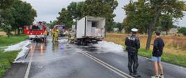Na zdjęciu strażacy podczas akcji gaszenia samochodu na drodze
