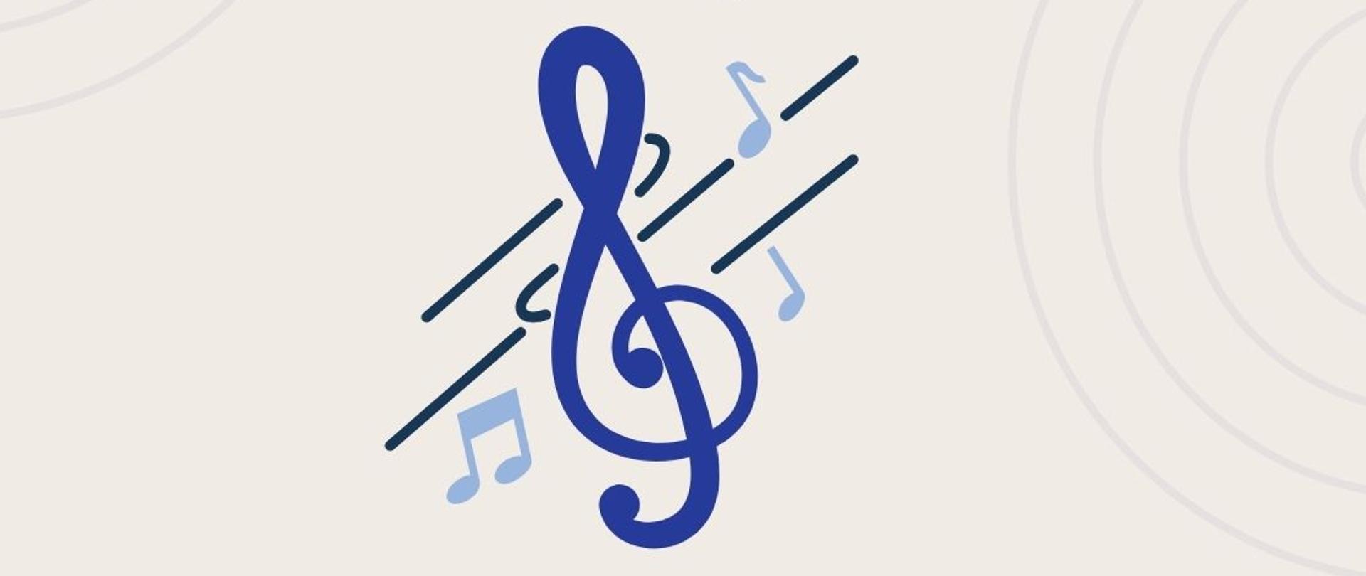  Na beżowym tle plakatu niebieski napis informujący o wywiadówce z rodzicami, na dole umieszczono grafikę klucza wiolinowego z nutami w kolorze niebieskim, w rogach plakatu szare koła.