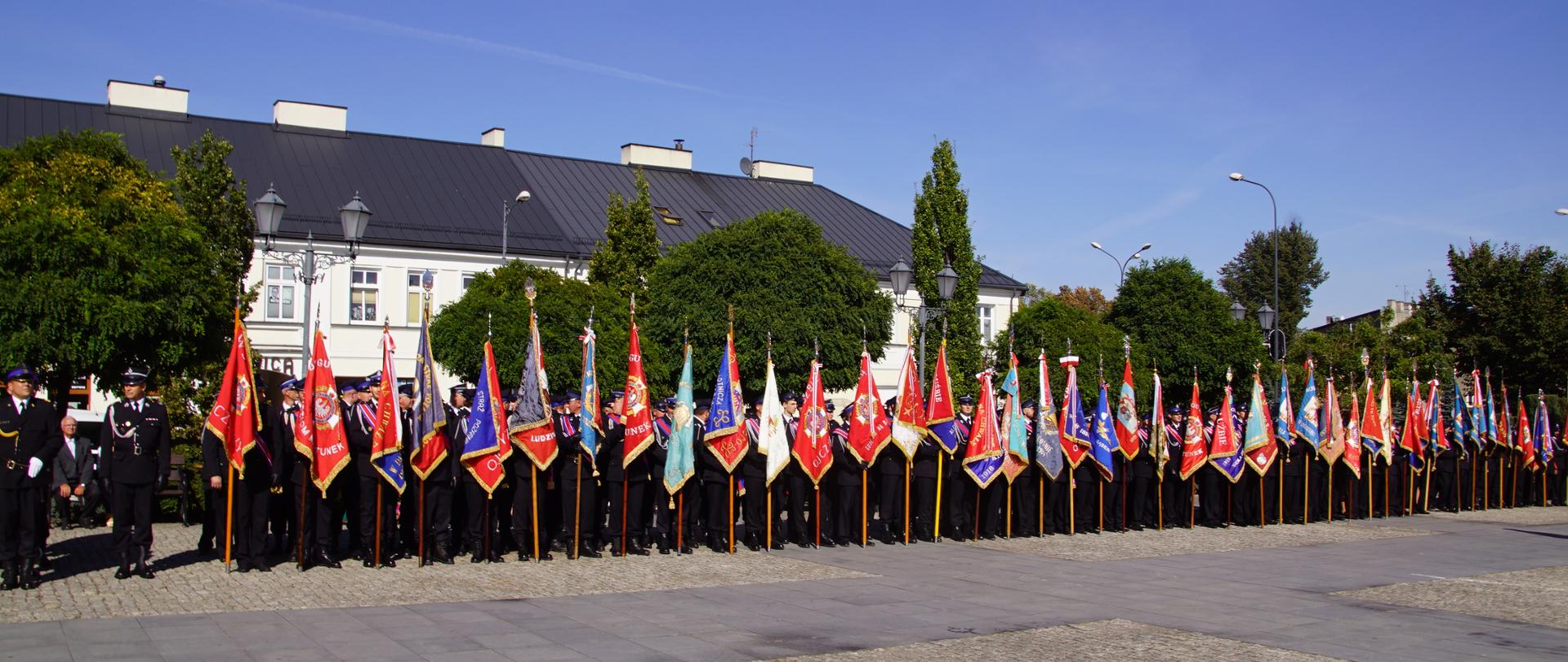 na zdjęciu poczty sztandarowe stojące na placu w tle drzewa i budynek w czarnym dachem