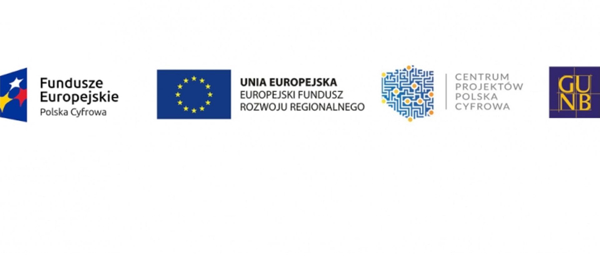 Pięć logo ustawionych w jednym rzędzie: Fundusze Europejskie Polska Cyfrowa, Unia Europejska Europejski Fundusz Rozwoju Regionalnego, niebiesko-biały wzór przypominający labirynt z żółtymi kropkami, Centrum Projektów Polska Cyfrowa oraz GUNB.