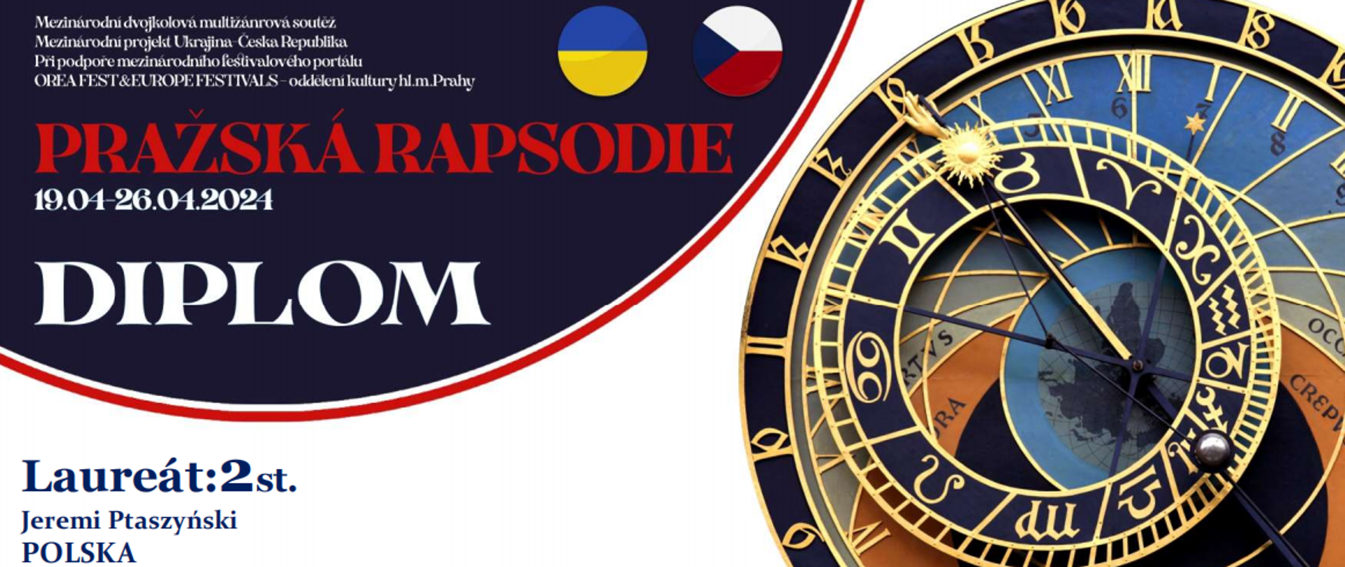 W lewym górnym rogu, na granatowym tle widnieje nazwa konkursu. Poniżej widać tytuł i nazwisko laureata. Po prawej stronie znajduje się praski zegar astronomiczny. W pasku na samym dole zostali wymienieni członkowie jury oraz organizatorzy konkursu. 