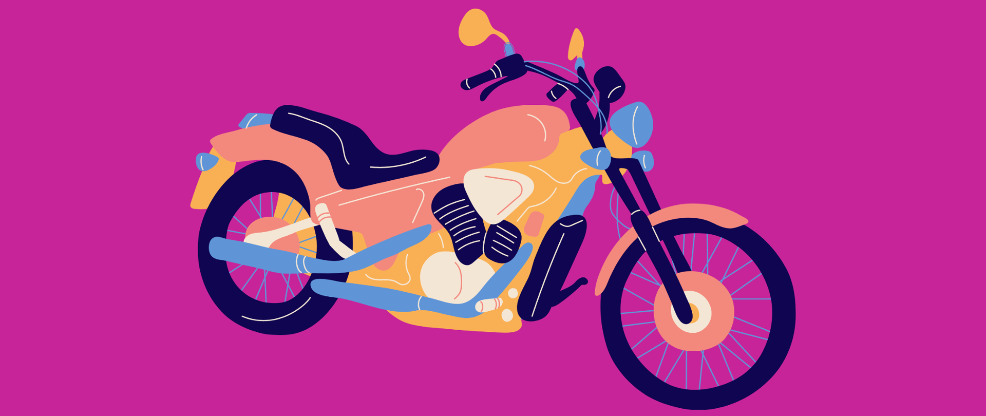 Żółto-pomarańczowo-niebiesko-granatowy motor na fioletowym tle (grafika wektorowa).