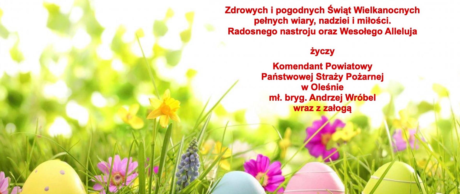 Na białym tle czerwoną czcionką napisane są życzenia świąteczne, poniżej widać zielone trawy, kolorowe kwiaty oraz jajka.