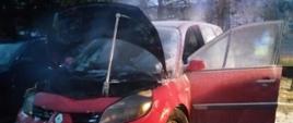 Fotografia przedstawia stojący na parkingu pojazd osobowy marki renault scenic w kolorze czerwonym z otwartą maską podpartą urządzeniem wielofunkcyjnym hooligan. Wnętrze komory silnika jest wypalone, przednia szyba z dużą dziurą pośrodku, nadpalona od góry prawa przednia lampa, otwarte są drzwi kierowcy, dookoła samochodu pozostałości piany ciężkiej, w prawym dolnym rogu zdjęcia widoczny wąż tłoczny linii gaśniczej.