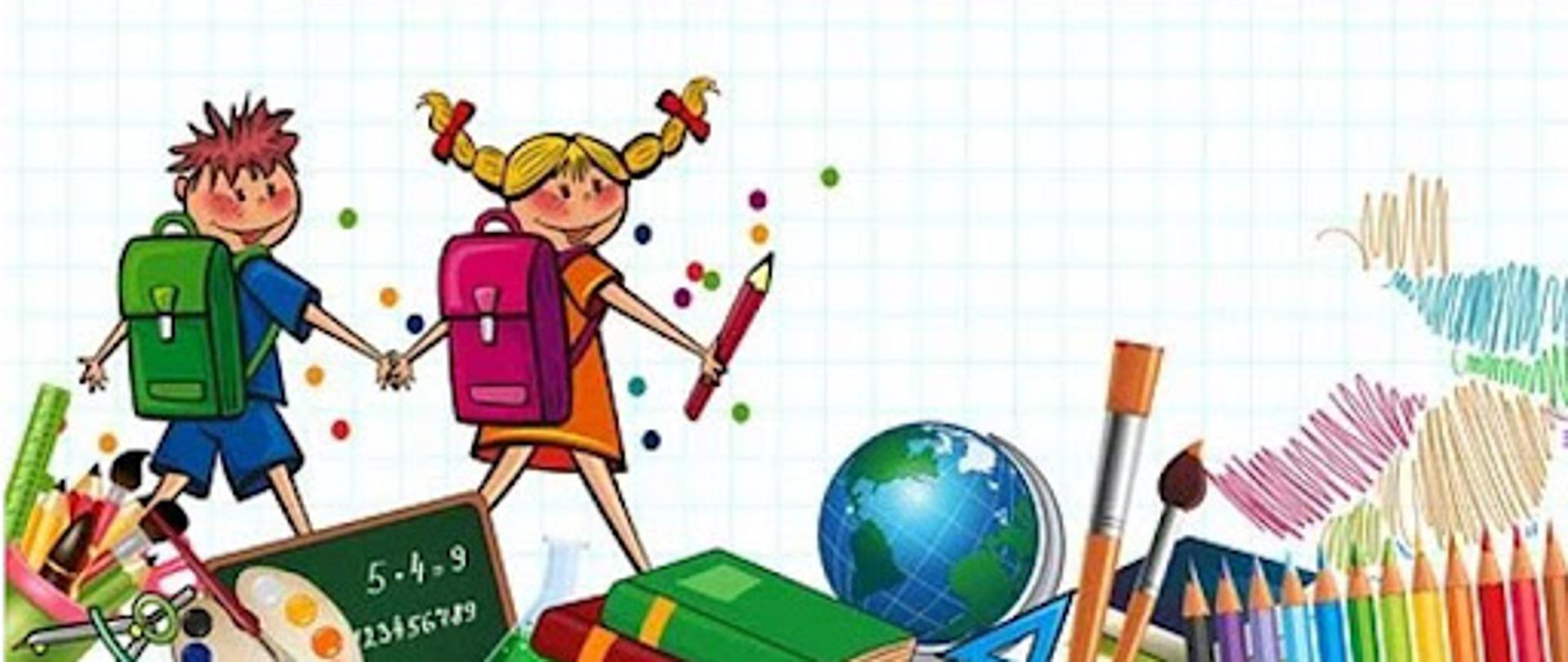 dzieci idące do szkoły, plecaki na plecach