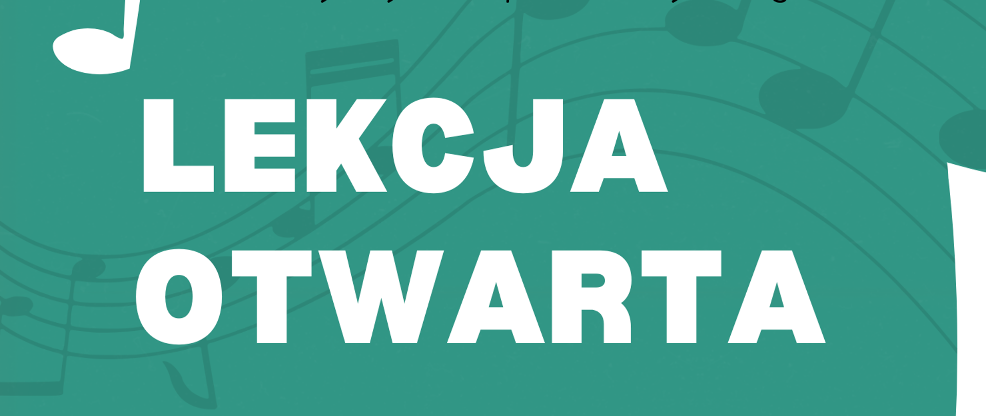 Pionowy plakat utrzymany jest w odcieniach turkusu i bieli. W górnej części plakatu, wyśrodkowany, znajduje się tekst w języku polskim, napisany czarną czcionką: "Państwowa Szkoła Muzyczna I i II st. im. Fryderyka Chopina w Nowym Targu" Poniżej, dużą, białą, pogrubioną czcionką, również wyśrodkowaną, widnieje napis: "LEKCJA OTWARTA" Pod tym, mniejszą, zielonkawą, pogrubioną czcionką, wyśrodkowany jest tekst: "Pani Krystyny Milaniak" Następnie, białą, pogrubioną czcionką, po lewej stronie, wypisane są szczegóły wydarzenia: "17 CZERWCA (WTOREK) 2025 R. GODZ. 17.15 SALA NR 21 (NOWE SKRZYDŁO)" Na samym dole plakatu, dużą, zielonkawą, pogrubioną czcionką, wyśrodkowany, znajduje się napis: "SERDECZNIE ZAPRASZAMY !!!" Tło plakatu jest turkusowe. Na tle, w różnych miejscach, rozmieszczone są białe grafiki symbolizujące nuty i instrumenty muzyczne: W lewym górnym rogu widać dużą, białą nutę. W prawym górnym rogu znajduje się duży, biały klucz wiolinowy. Poniżej klucza wiolinowego, po prawej stronie, widać biały klarnet (lub podobny instrument dęty drewniany). Na dole, po lewej i prawej stronie, widoczne są mniejsze, białe nuty.