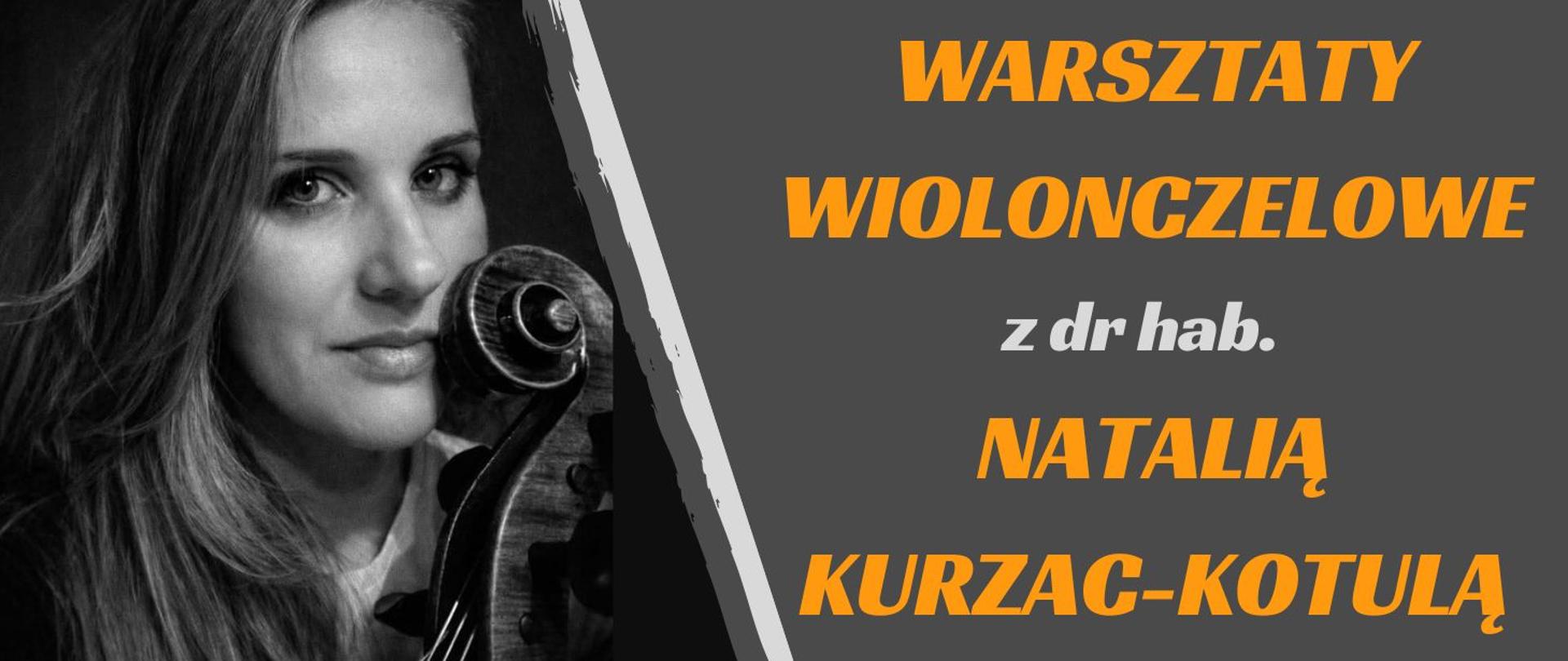 Baner o poziomym układzie, podzielony na dwie główne części. Po lewej stronie znajduje się czarno-białe, zbliżeniowe zdjęcie kobiety patrzącej w stronę odbiorcy; obok jej twarzy widoczna jest główka wiolonczeli z kluczami. Prawą część wypełnia jednolite, ciemnoszare tło z wyraźnie wyróżnioną typografią. Pomiędzy zdjęciem a tekstem przebiega ukośny pas w odcieniach szarości i bieli, tworzący dynamiczny podział kompozycji. Tekst jest ułożony w kilku liniach, zapisany dużą, bezszeryfową czcionką w kolorach pomarańczowym i jasnoszarym. Najważniejsze słowa są większe i pogrubione.