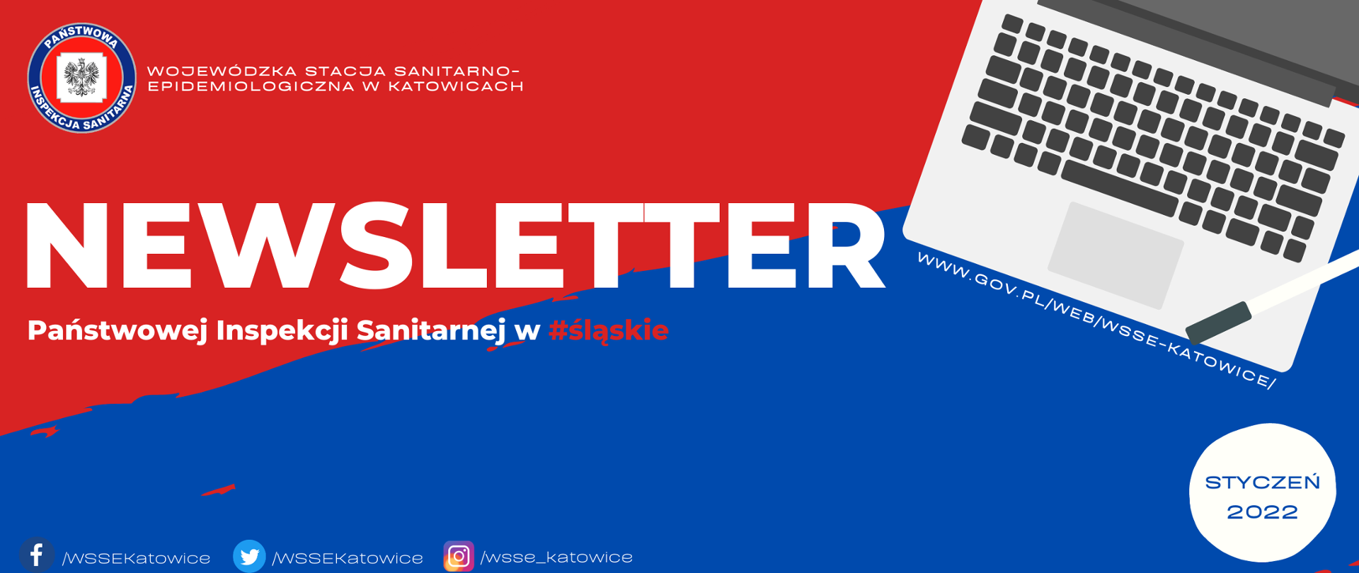 Banner w kolorystyce niebiesko-czerwonej z logo Państwowej Inspekcji Sanitarnej, grafiką komputera oraz odnośnikami do portali społecznościowych prowadzonych przez Wojewódzką Stacje Sanitarno-Epidemiologiczną w Katowicach. 