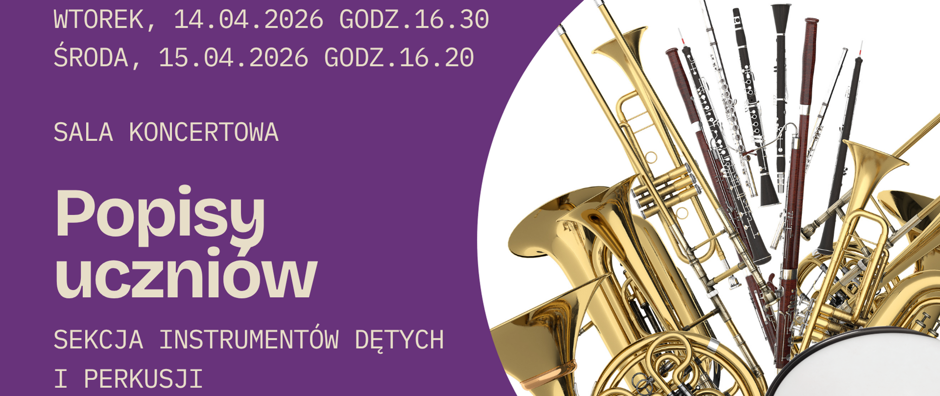 Grafika przedstawia zbliżenie na instrumenty dęte i perkusyjne. Tło plakatu jest w intensywnym fioletowym kolorze, który kontrastuje z brązowym odcieniem instrumentów. Po lewej stronie widnieje jasny napis informujący o wydarzeniach.