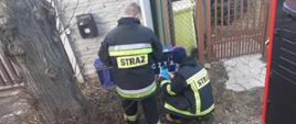 Zdjęcie przedstawia strażaków OSP podczas roznoszenia ulotek
