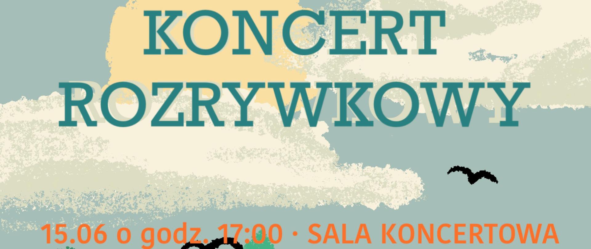 afisz w niebiesko-beżowej tonacji, zawiera grafikę perkusji oraz logo szkoły i napis" Koncert rozrywkowy 15.06 godz. 17:00-sala koncertowa"