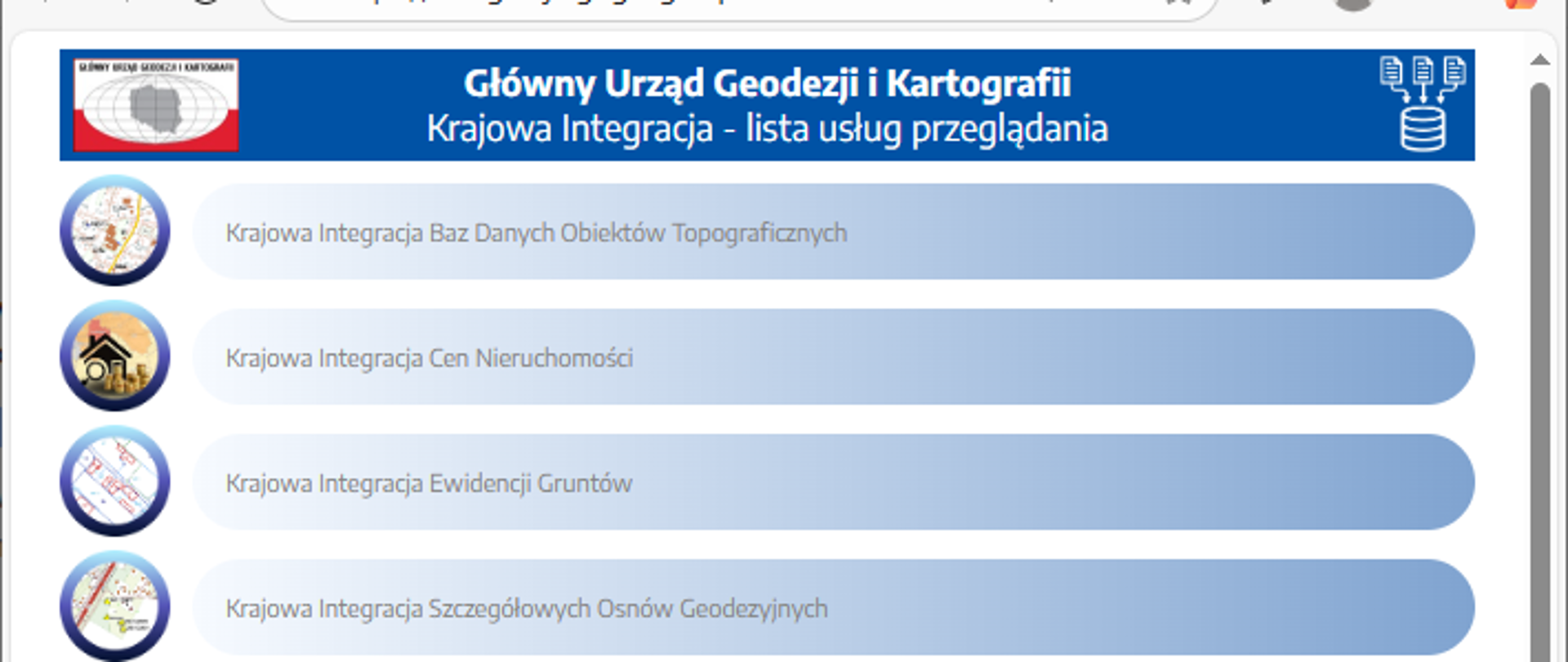 zrzut ekranu prezentujący stronę z wykazem usług Krajowej Integracji