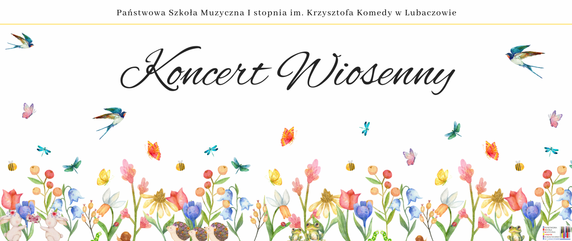 Na białym tle w górnej części widoczny jest następujący napis "Państwowa Szkoła Muzyczna I stopnia im. Krzysztofa Komedy w Lubaczowie" w czarnym kolorze. Poniżej umieszczona została pozioma, żółta kreska. W środkowej części widnieje informacja tekstowa "Koncert Wiosenny". Wokół tego napisu umieszczone zostały grafiki przedstawiające jaskółki, motyle, pszczoły oraz ważki. W dolnej części widoczne są grafiki ukazujące kolorowe kwiaty wśród których są następujące zwierzęta: króliki, dżdżownice, jeże, żaby, biedronki, ślimaki. W prawym dolnym rogu umieszczone zostało logo szkoły.
