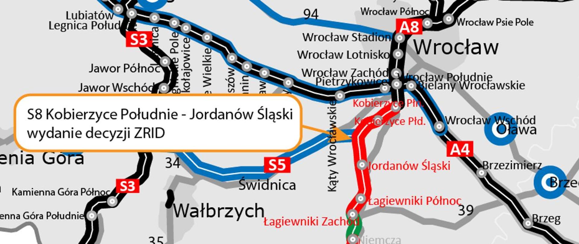 Mapka z lokalizacją odcinka S8 Kobierzyce Południe - Jordanów Śląski