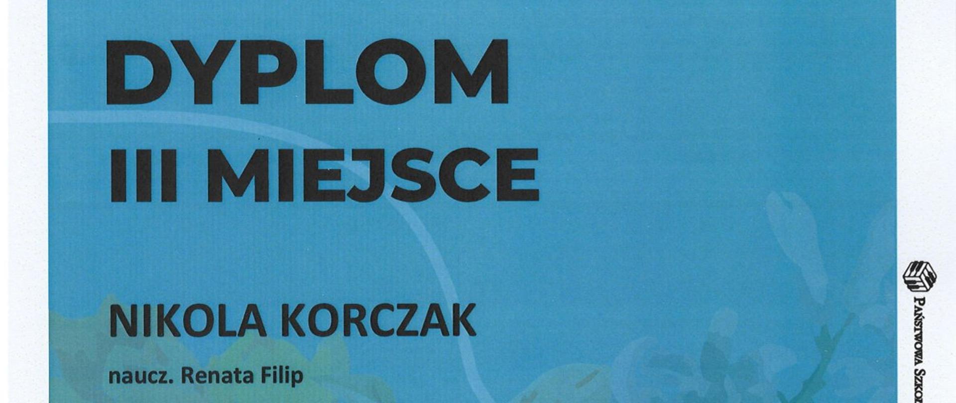dyplom utrzymany w niebieskich odcieniach dla NIkoli Korczak za zajęcie III miejsca w konkursie "Wiosenne spotkania muzyczne"