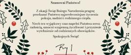 Grafika z życzeniami wojewody łódzkiego Doroty Ryl z okazji świąt Bożego Narodzenia. Treść: Szanowni Państwo! Z okazji Świąt Bożego Narodzenia pragnę przekazać Państwu najserdeczniejsze życzenia pokoju, nadziei i rodzinnego ciepła. Niech ten wyjątkowy czas napełni Państwa serca radością, umocni wzajemną życzliwość i przyniesie wytchnienie od codziennych obowiązków Spokojnych Świąt! Dorota Ryl wojewoda łódzki 