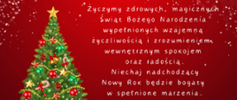 Grafika na czerwonym tle z ikoną choinki w kolorze złotem po lewej stronie. logo szkoły w prawym dolnym rogu i tekstem życzeń świątecznych od dyrektora, nauczycieli i pracowników szkoły.