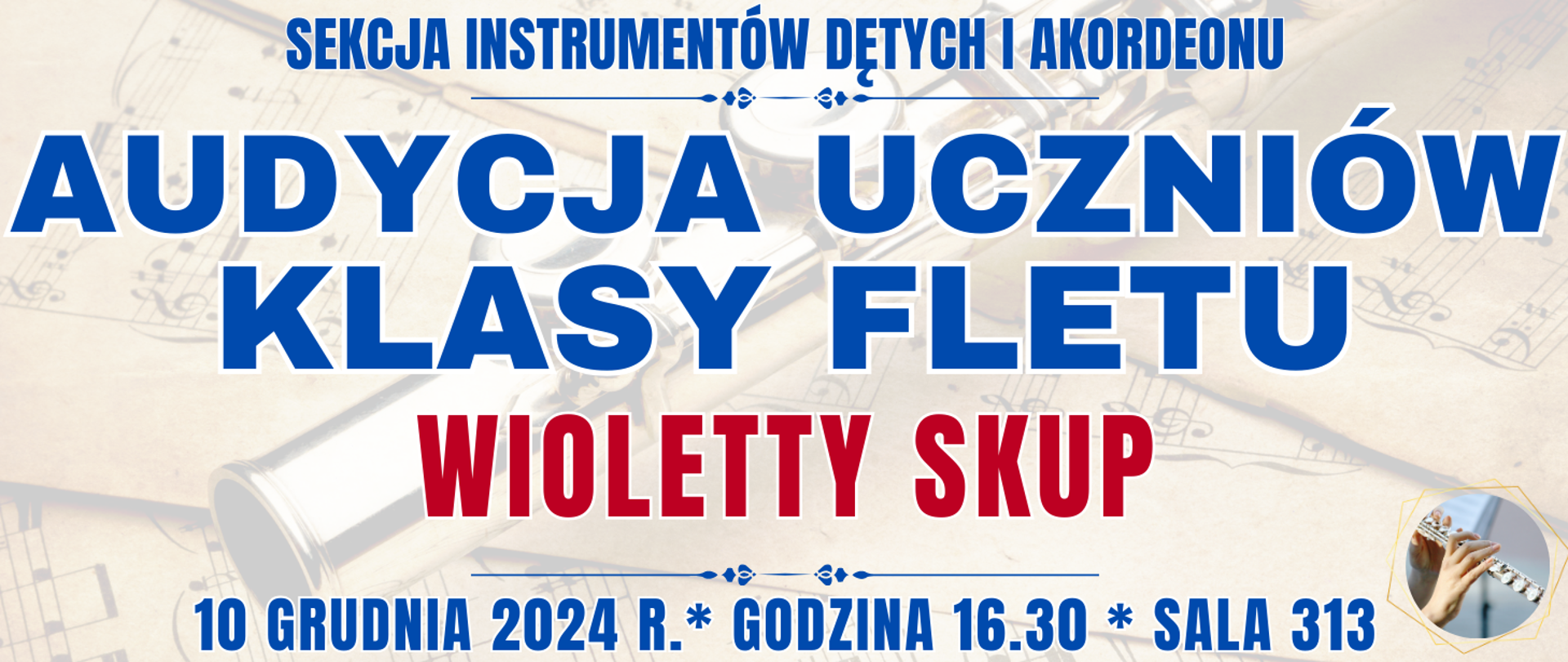 baner w tle półprzezroczysty flet poprzeczny na nutach oraz informacja o wydarzeniu