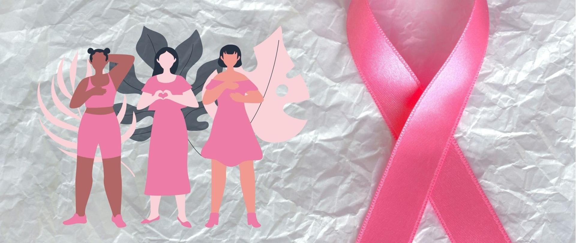 rysunek trzech kobiet i zdjęcie różowej wstążki będącej symbolem walki z rakiem piersi