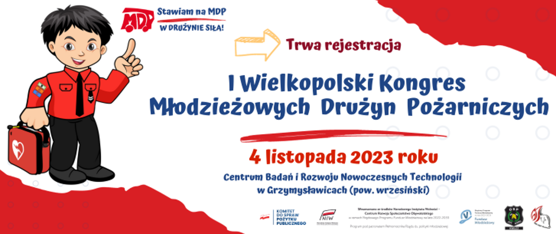 Grafika przedstawia zaproszenie do zarejestrowania się na wydarzenie - I Wielkopolski Kongres MDP. Zostaje wskazany termin i sposób rejestracji, logotypy organizatorów. 