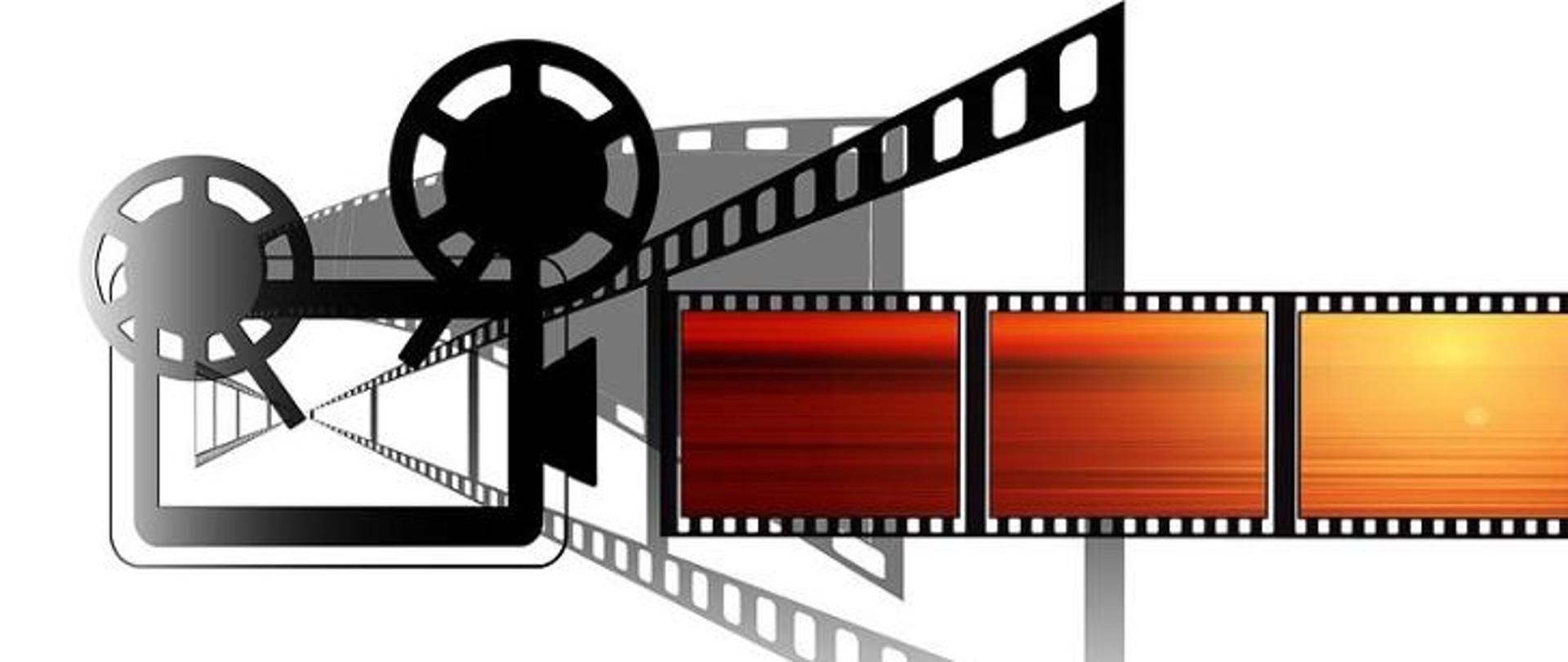 Logo konkursu fotograficznego. Przedstawia symbol projektora do wyświetlania filmów - dolny lewy róg, Od obiektywi są umieszczxone trzy sdjęcia w formie taśmy filmowej z widokiem wschodu słońca.