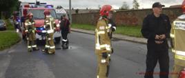 Kolizja w Trzeboszu. Auto osobowe uderzyło w słup energetyczny. Na jezdni stoją wozy straży pożarnej oraz karetka pogotowia ratunkowego. Na pierwszym planie strażacy biorący udział w akcji. W tle murowane ogrodzenie gospodarstwa.
