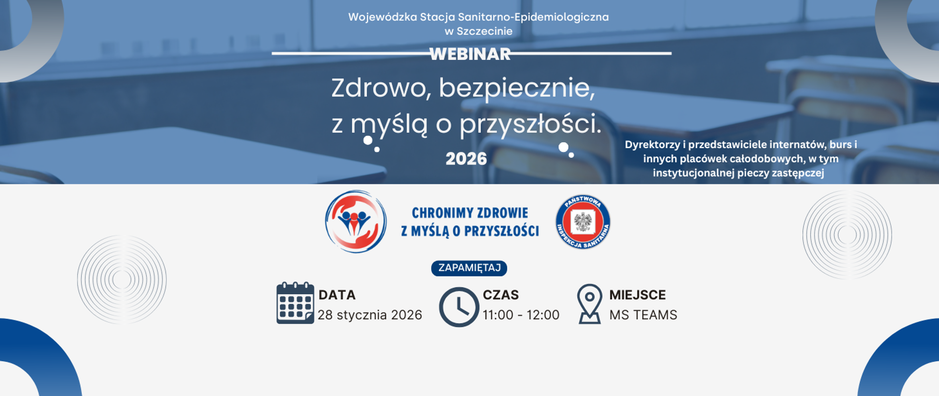 Na grafice znajdują się informacje dotyczące webinaru pt. "Zdrowo, bezpiecznie, z myślą o przyszłości".