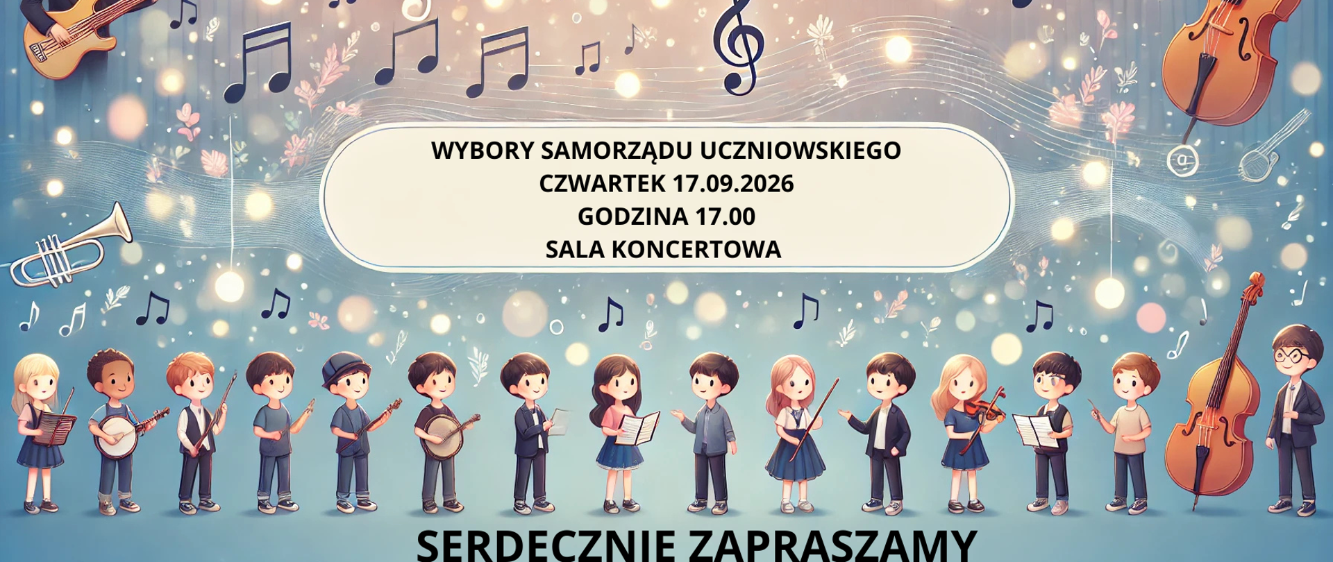 Plakat zapowiada wybory samorządu uczniowskiego w Państwowej Szkole Muzycznej I stopnia im. Georga Philippa Telemanna w Żarach.
Wydarzenie odbędzie się:
- w czwartek, 17 września 2026 roku,
- o godzinie 17:00,
- w sali koncertowej.
Grafika jest utrzymana w pastelowej, bajkowej stylistyce. W tle znajdują się nuty, klucze wiolinowe, świetliste dekoracje oraz instrumenty, m.in. kontrabas, trąbka, skrzypce i gitara basowa. Na dole stoi grupa uczniów grających na instrumentach i trzymających nuty. Całość wieńczy duży napis: „Serdecznie zapraszamy”. Plakat ma pogodny, przyjazny charakter i wyraźnie nawiązuje do muzycznego profilu szkoły.