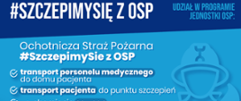 Zdjęcie przedstawia prospekt programu SzczepimySię z OSP. Na niebiesko-granatowym tle znajdują się białe napisy przedstawiające załażenia programu. 