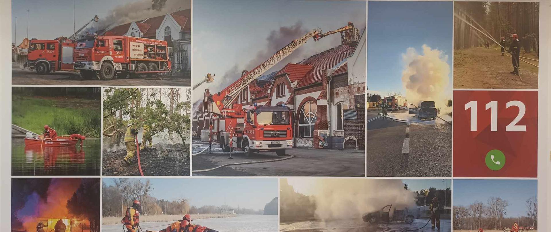 Zdjęcie przedstawia fototapetę na ścianie ze zdjęciami: pożarów, akcji na lodzie, ćwiczeń i z numerem alarmowym 112