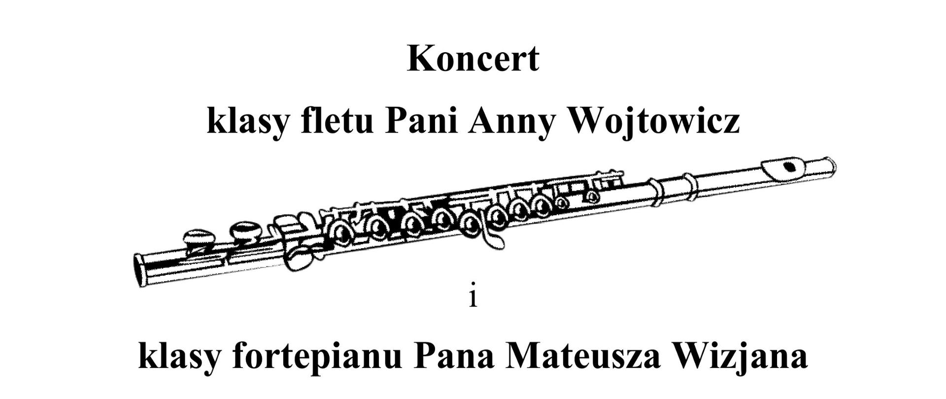 Plakat na białym tle. Na plakacie znajdują się informacje dotyczące Koncertu klasy fletu i fortepianu, który odbędzie się 23.05.2025 o godzinie 16:00.Na plakacie znajduje się grafika przedstawiająca flet oraz pod nią zdjęcie klawiatury fortepianu z położonymi na niej nutami.