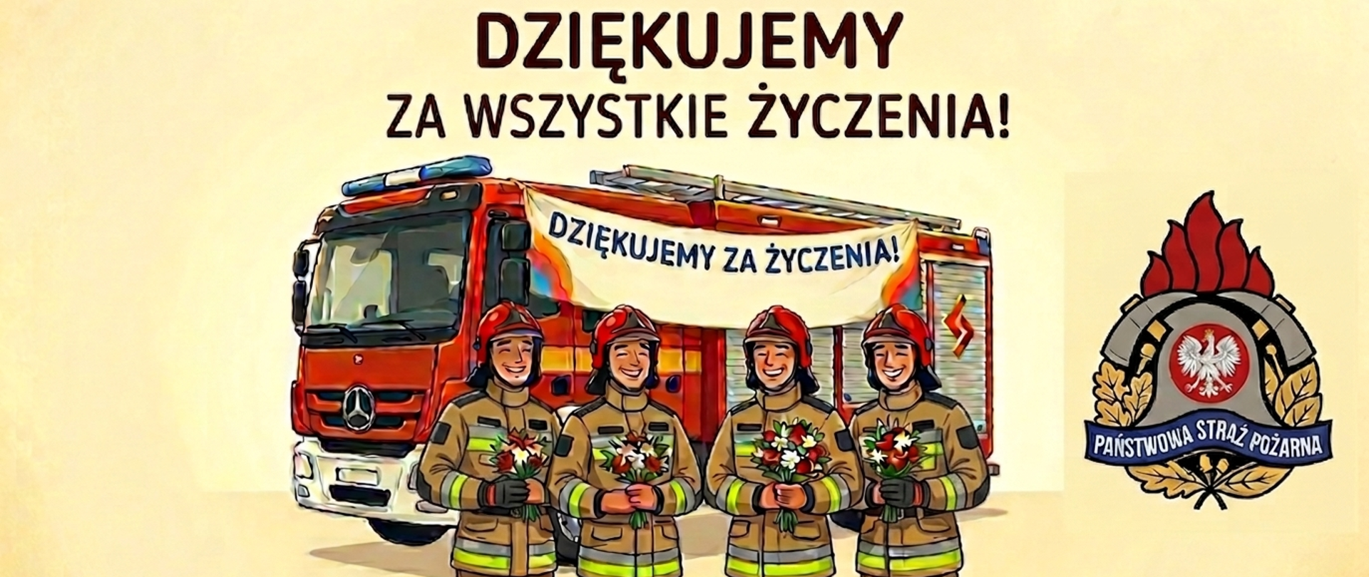Radosna i oficjalna plansza z podziękowaniami o układzie poziomym, przygotowana w estetycznym, rysunkowym stylu. Całość kompozycji została osadzona na jednolitym, jasnobeżowym tle, które nadaje ilustracji ciepły i przyjazny charakter. W centralnej części obrazu znajduje się czworo uśmiechniętych strażaków – trzech mężczyzn i jedna kobieta – ubranych w kompletne, jasnobrązowe mundury bojowe, odblaskowe pasy oraz czerwone hełmy ochronne. Każda z postaci trzyma w dłoniach elegancki bukiet złożony z czerwonych i białych kwiatów przyozdobionych zielonymi liśćmi.Bezpośrednio za plecami strażaków stoi duży, nowoczesny wóz ratowniczo-gaśniczy marki Mercedes w charakterystycznym czerwonym kolorze. Nad głowami mundurowych, a na tle pojazdu, rozciągnięty jest biały transparent z wielobarwną, tęczową lamówką, na którym widnieje czarny, drukowany napis z podziękowaniem za życzenia. Ponad całą tą kompozycją, na samej górze strony, umieszczono duży i wyrazisty nagłówek pisany grubą, ciemną czcionką, który wprost dziękuje za wszystkie otrzymane powinszowania. Dopełnieniem głównego przesłania jest napis umieszczony na samym dole grafiki, wskazujący, że podziękowania są składane z okazji Dnia Strażaka.Po prawej stronie grafiki umieszczono bardzo duże, oficjalne logo Państwowej Straży Pożarnej, które zajmuje niemal całą wysokość tej części kadru. Emblemat przedstawia charakterystyczny motyw czerwonego płomienia, hełmu strażackiego, skrzyżowanych toporków oraz polskiego orła na okrągłej tarczy, otoczonych u dołu ciemnogranatową wstęgą z wyraźnym, białym napisem „PAŃSTWOWA STRAŻ POŻARNA”. 