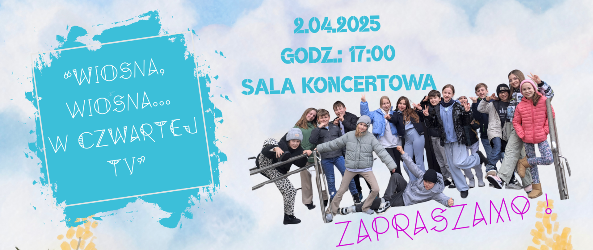 Na kolorowym tle ze zdjęciem klasy informacja: Popis klasy IV 02.04.2025r. godz. 17.00