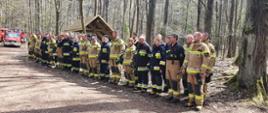 Strażacy stoją w dwuszeregu na skraju drogi leśnej. Za nimi drzewa, w głębi zdjęcia samochody strażackie.