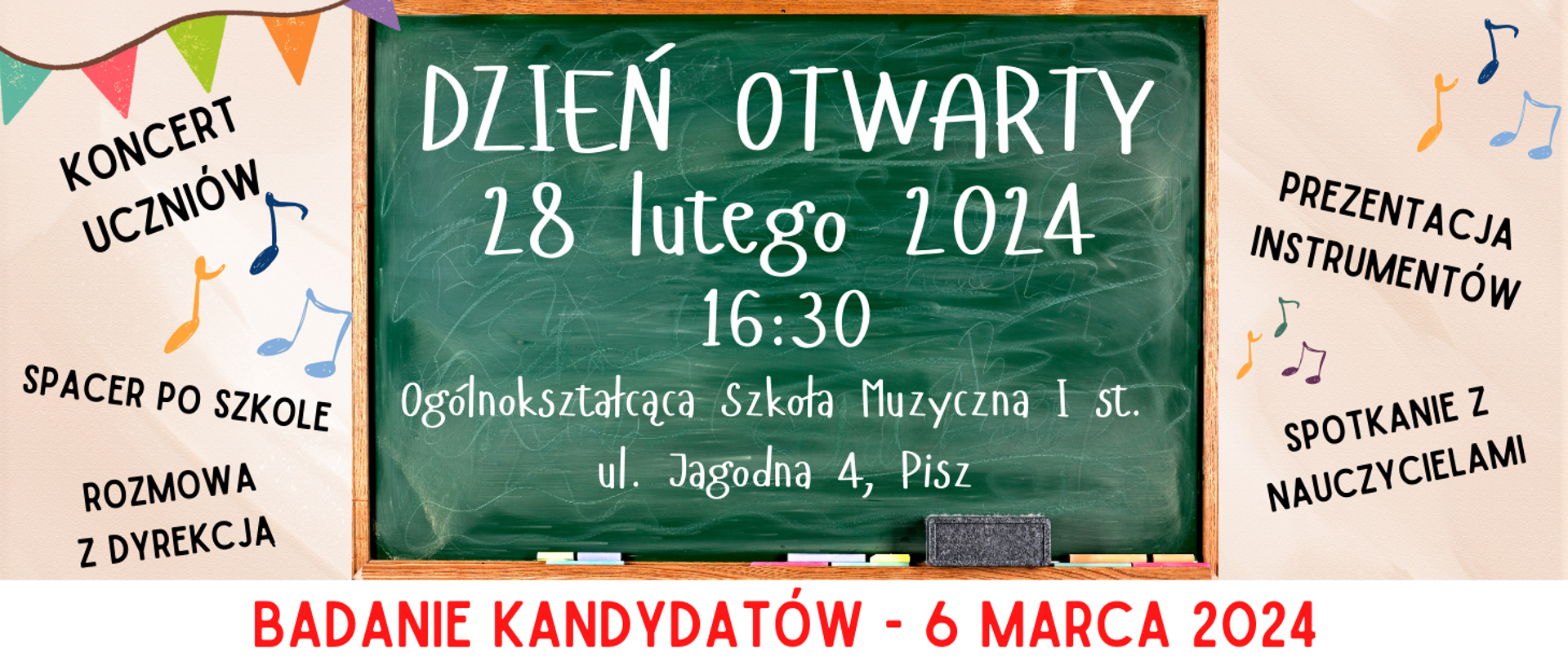 Na kolorowym tle zielona tablica z informacją o dniu otwartym 28.02.2024r. godz. 16.30