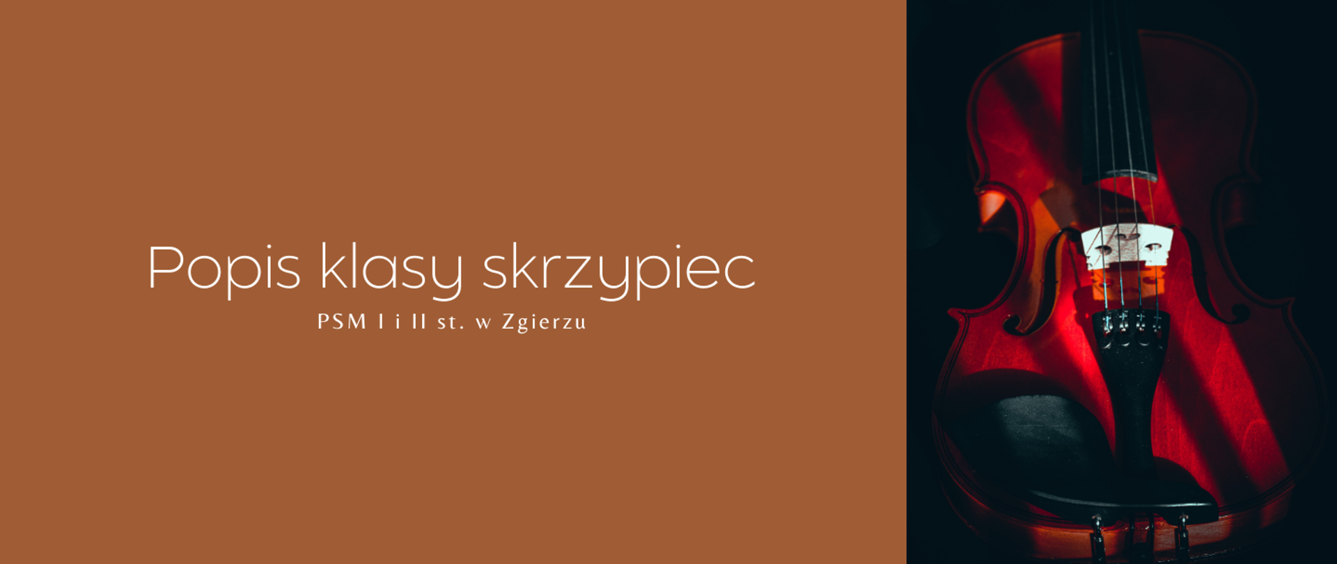Po lewej stronie, na brązowym tle, biały napis: "Popis klasy skrzypiec PSM I i II st. w Zgierzu". Po prawej stronie zdjęcie skrzypiec.