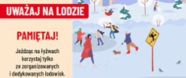 Grafika z napisem "Uważaj na lodzie. Pamiętaj, jeżdżąc na łyżwach korzystaj tylko ze zorganizowanych lodowisk. Wchodząc na lód zawsze ryzykujesz! Zabawa na zamarzniętym akwenie jest bardzo niebezpieczna i może skończyć się tragicznie."