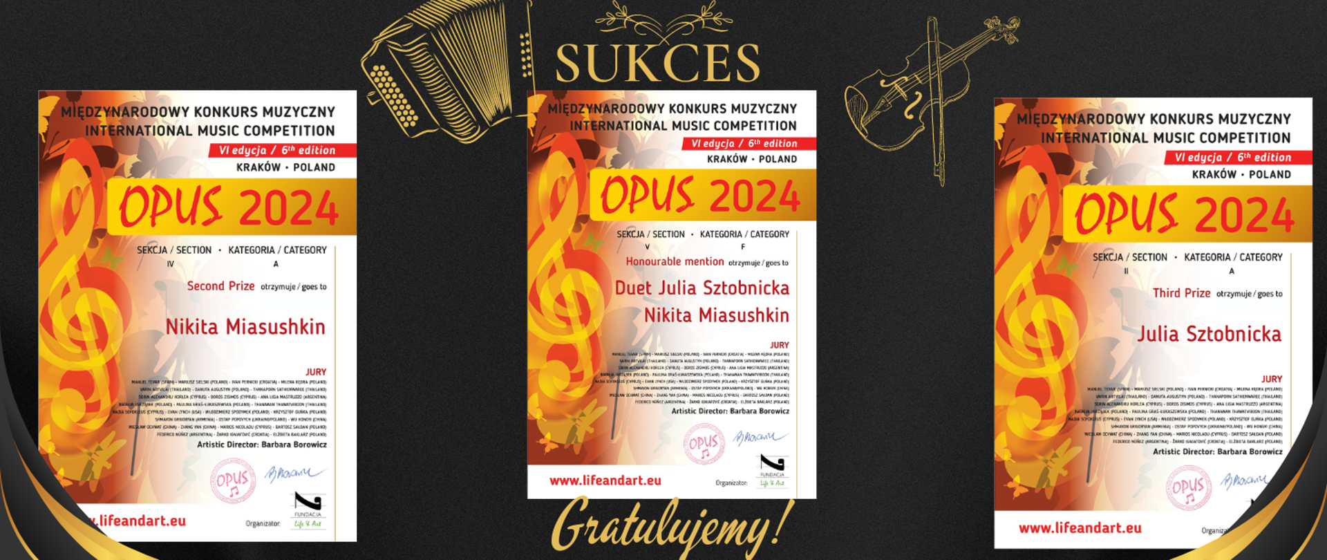 Trzy zdjęcia dyplomów przedstawiające od lewej drugie miejsce Nikity Miasushkina na środku wyróżnienie dla duetu Julii Sztobnickiej i Nikity Miasushkina i po prawej trzecie miejsce dla Julii Sztobnickiej 