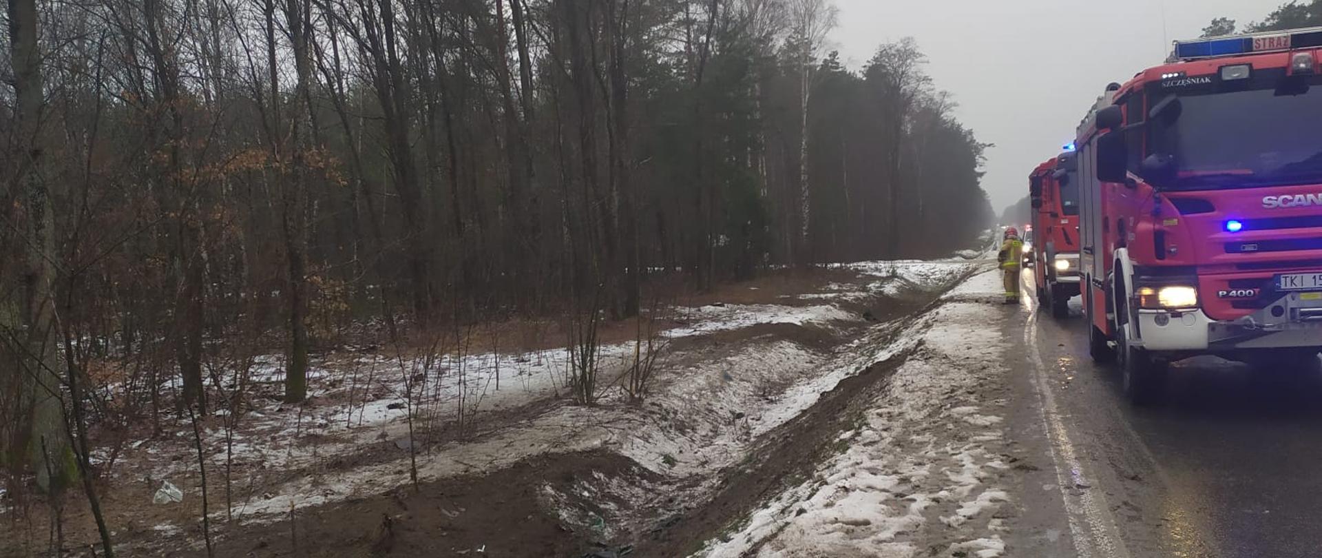  Zdjęcie przedstawia drogę wojewódzką na której doszło do kolizji drogowej. Wzdłuż pobocza stoją dwa samochody pożarnicze. Na poboczu widać złamany słupek pikietażu drogowego, a w przydrożnym rowie leżą elementy uszkodzonego auta.