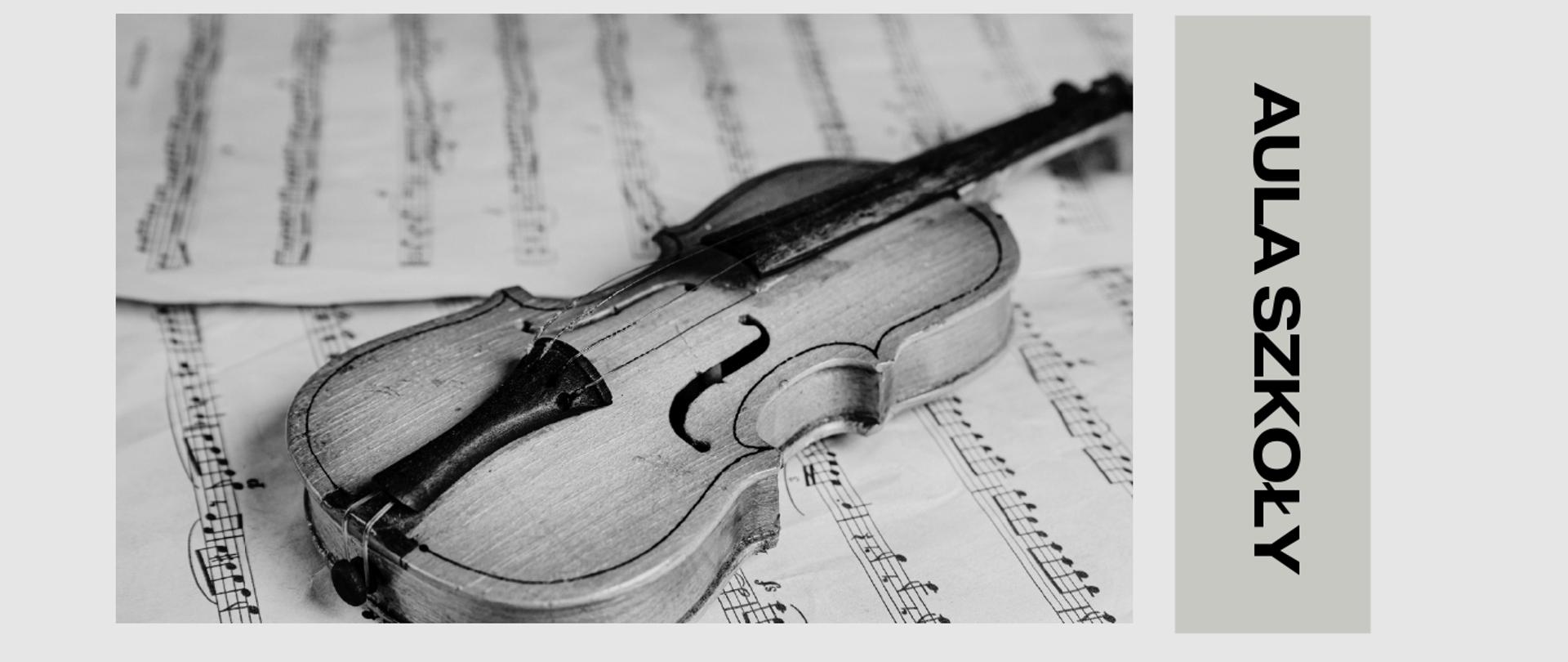 Szare tło, zdjęcia skrzypiec, logo szkoły, tekst dotyczący koncertu klasy skrzypiec p. Małgorzaty Kryś 8 stycznia 2026 r. o godz. 16.00