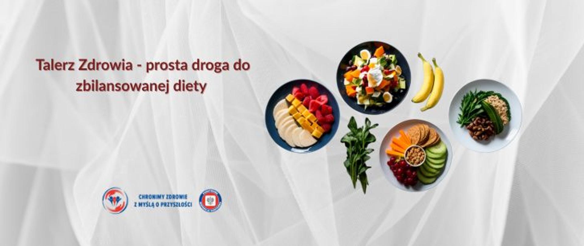 Na szarym tle po prawej stronie 4 talerze z pełnowartościowymi posiłkami. Po lewej stronie brązowy napis Talerz zdrowia- prosta droga do zbilansowanej diety. Na dole po lewej stronie logo Państwowej Inspekcji Sanitarnej wraz z hasłem chronimy zdrowie z myślą o przyszłości. 
