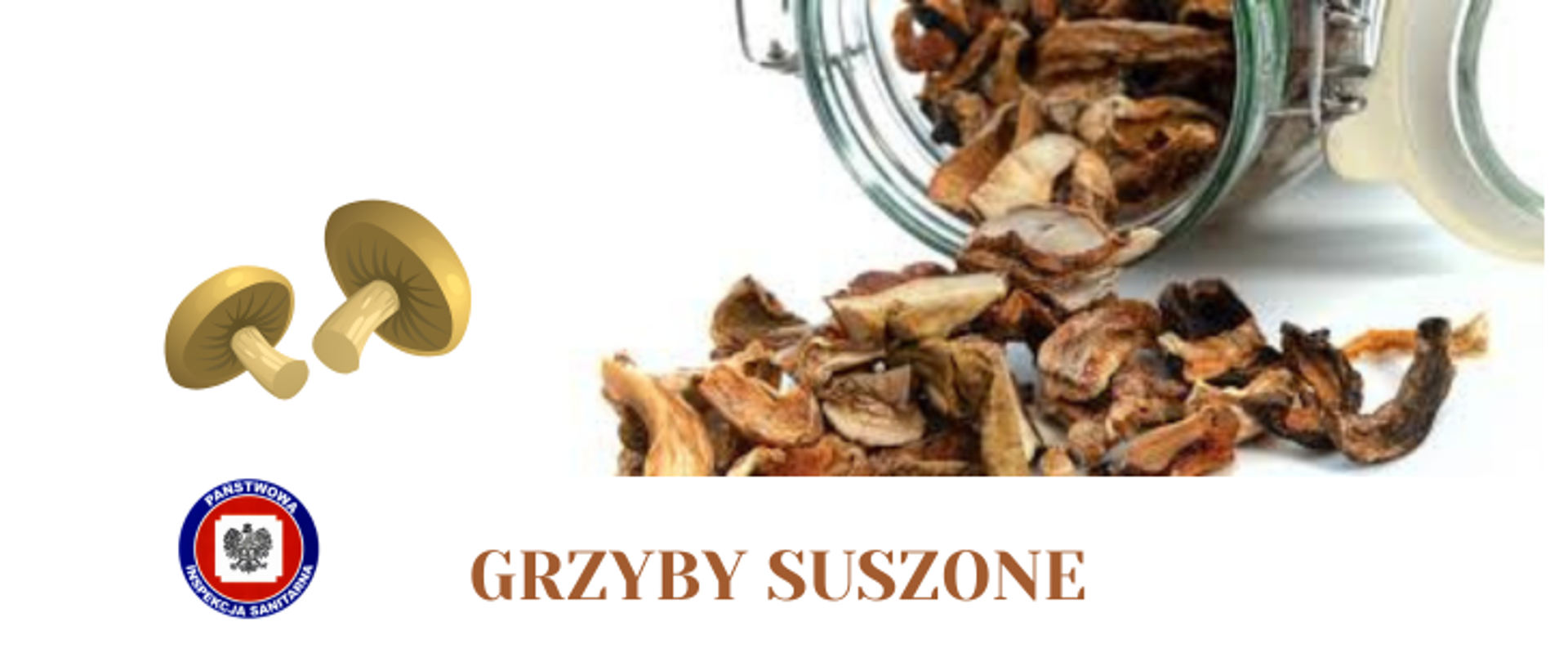 Na białym tle leży przewrócony słoik do przetworów z wysypanymi suszonymi kawałkami grzybów, z lewej dwie grafiki grzybów, pod spodem jasny napis Grzyby suszone a z jego lewej strony logo Państwowej Inspekcji Sanitarnej.